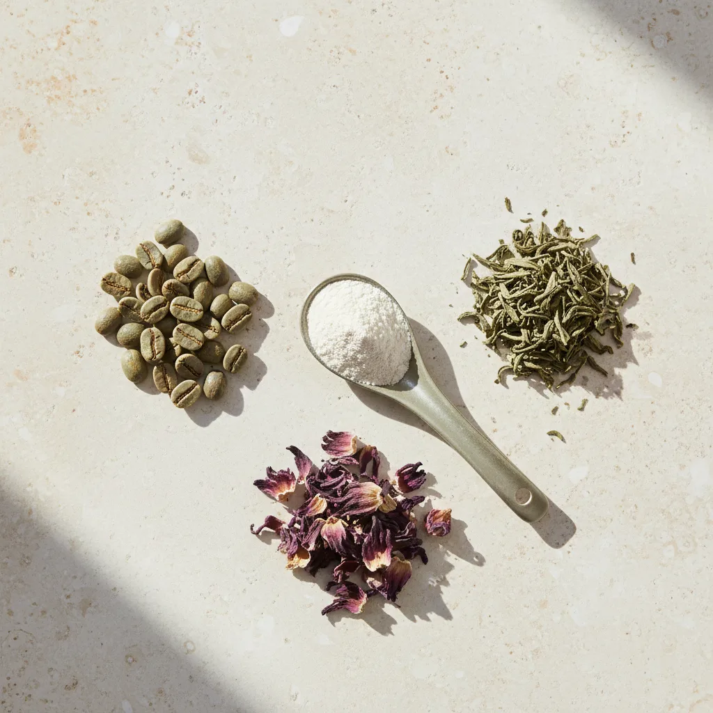 Flat-lay of green coffee beans, green tea leaves, L-Carnitine powder in a ceramic spoon, and dried hibiscus flowers - the botanical ingredients in Wellaray Coffee