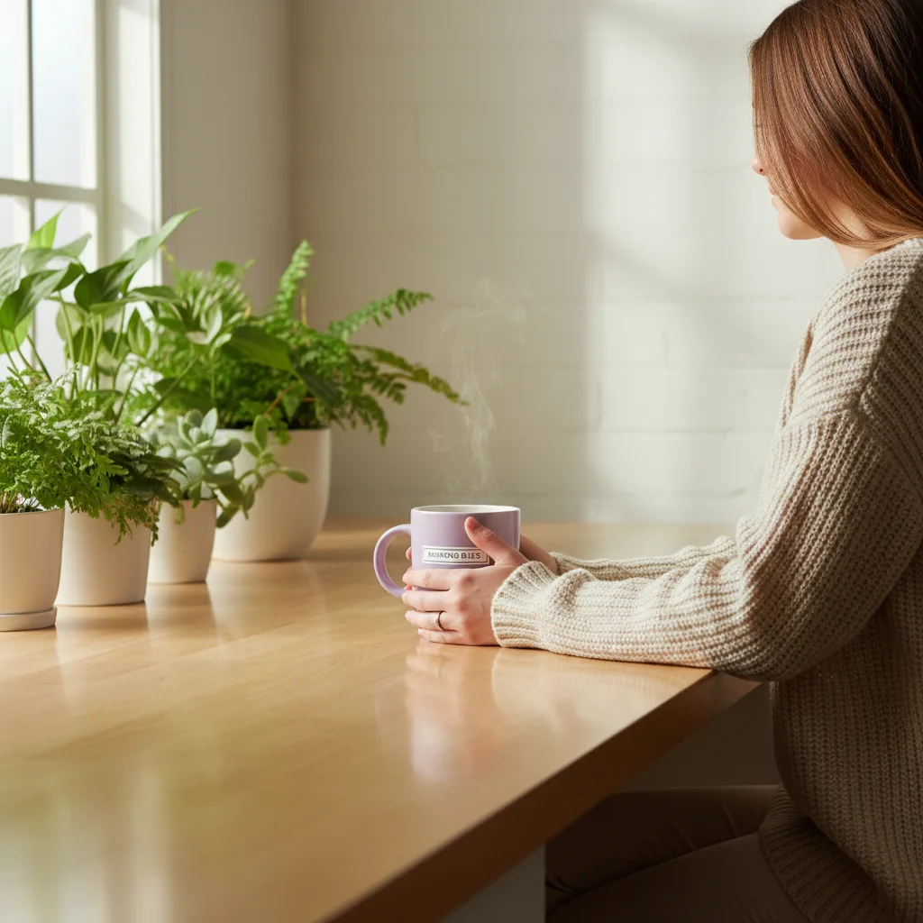Person from behind, hands around a steaming coffee mug at a bright kitchen counter - daily wellness routine with Wellaray Coffee